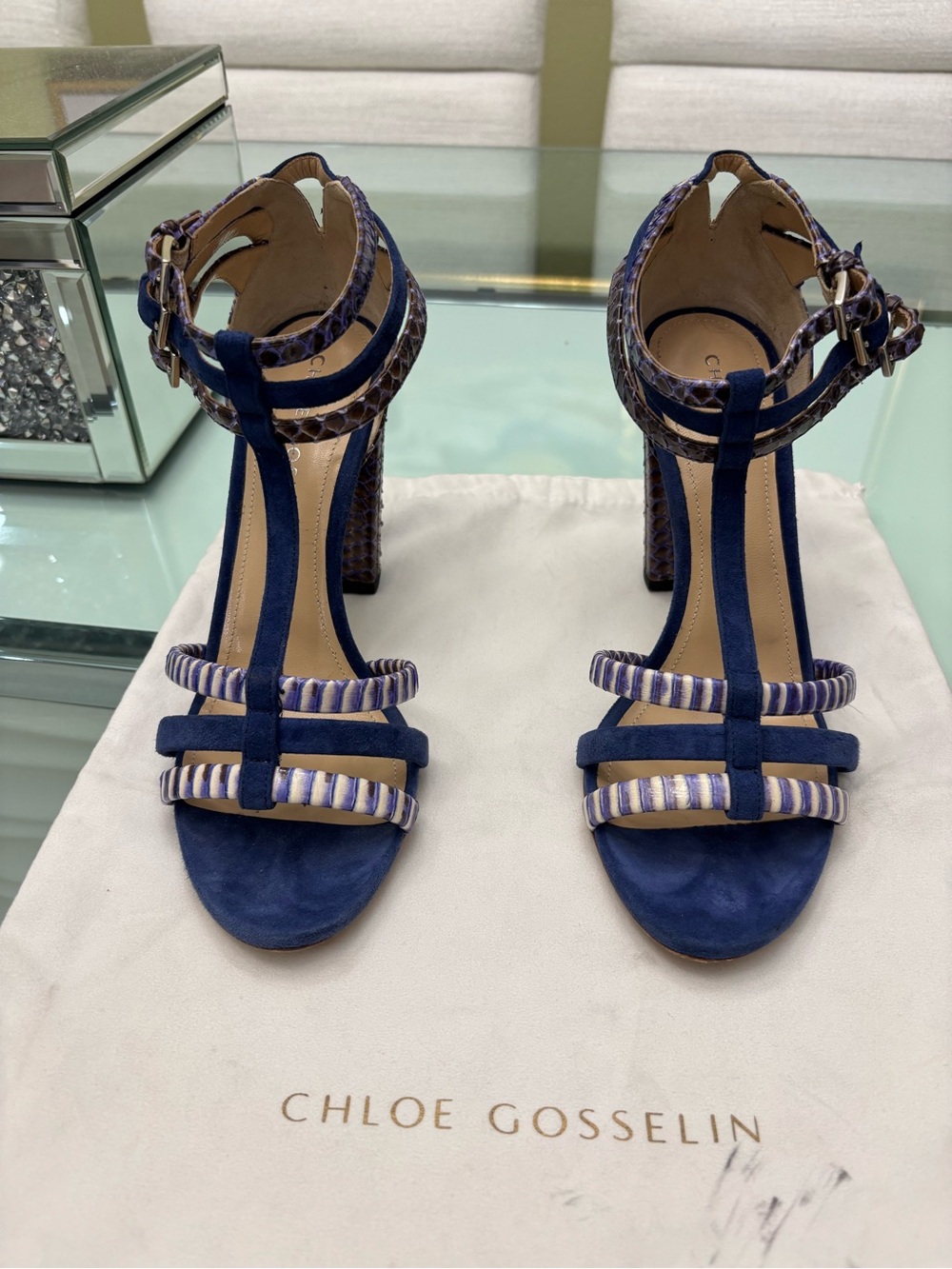 Chloe Gosselin Navy Suede T-Strap High Heel Sandals
